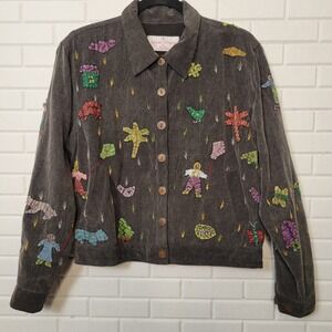 Sacred Threads Jacket Sz S Embroidered Applique Corduroy People Animals Boho